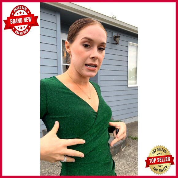 Glitter Party Dress V Neck Long Sleeve Faux Wrap Ruched Bodycon Sparkly - Picture 4 of 7